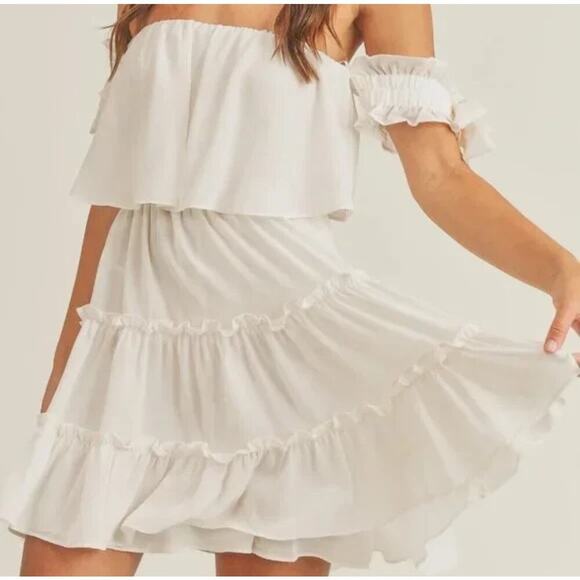 Mable by Anthropologie Rayna Off Shoulder Tiered Mini Sundress White Women's M - Picture 2 of 11